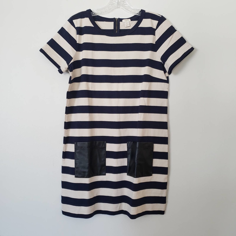 J. Crew Striped Dress Faux Leather Patch Pockets Size Medium